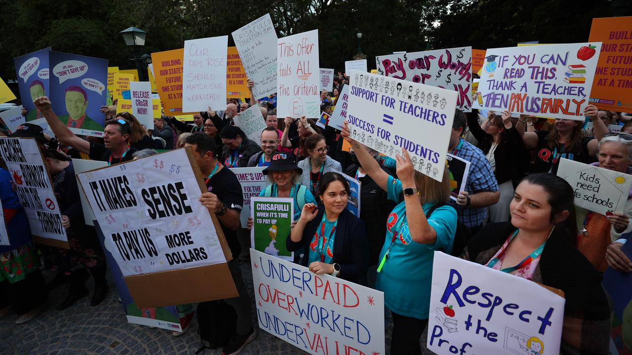 Queensland teachers strike 2025 protest rally QTU march Queensland teacher shortage safety concerns statewide school closures