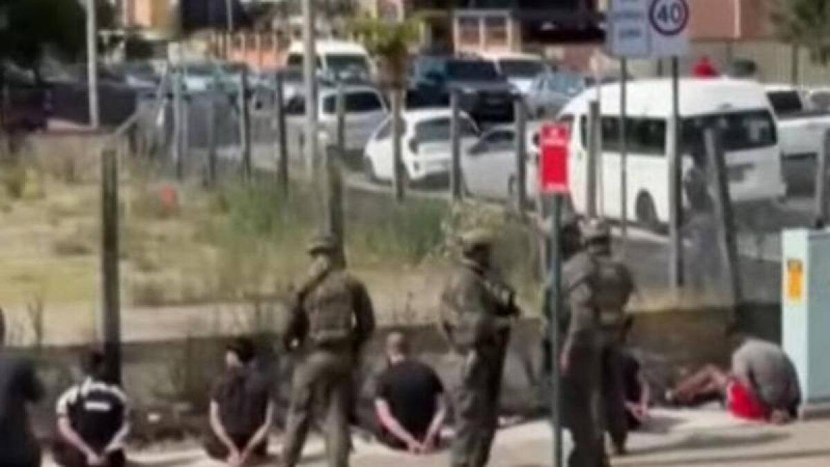 NSW Tactical Police officers conducting a high-risk vehicle stop in Liverpool, Sydney, during a major operation.