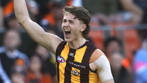 Hawthorn midfielder Will Day clutching his right shoulder during a 2026 AFL pre-season training session at Dingley.