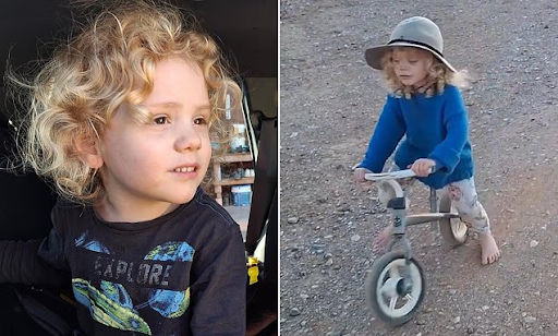 Missing four-year-old Gus Lamont with blond curls playing barefoot at Oak Park Station in outback South Australia.