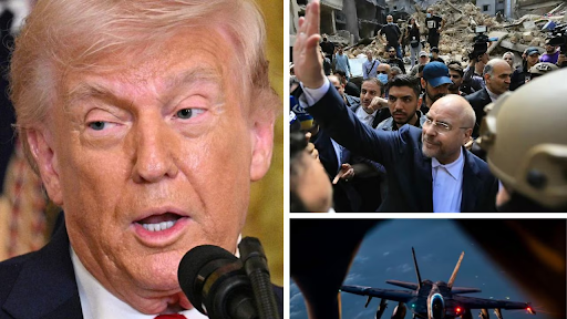 A dramatic digital illustration of the US and Iranian flags over a map of the Middle East with fire sparks.