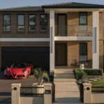 A luxury five-bedroom Sydney home with a red Alfa Romeo 4C sports car parked in the driveway.