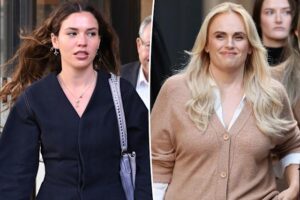 Charlotte MacInnes leaving the Sydney Federal Court during her defamation trial against Rebel Wilson in April 2026.