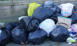 Overflowing rubbish bins on a residential street during the Melbourne bin strike in the northern suburbs.