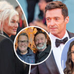 A split-screen visual displaying a dignified Deborra-Lee Furness alongside Hugh Jackman and Sutton Foster at a gala.