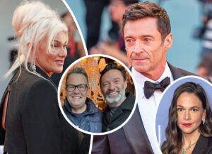 A split-screen visual displaying a dignified Deborra-Lee Furness alongside Hugh Jackman and Sutton Foster at a gala.