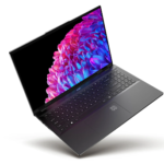 The Acer Swift 16 AI laptop open on a desk, highlighting its massive haptic touchpad and vibrant OLED display.