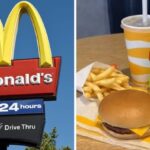 A close-up shot of a McDonald’s paper bag and fries on a wooden table, representing fast food price changes.