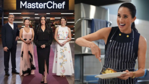 Meghan Markle smiling on set as a guest judge during the highly anticipated Meghan MasterChef Australia debut episode.