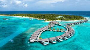 A breathtaking turquoise lagoon with coconut palms swaying over a powder-white sand beach under a clear blue sky.