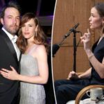 Actress Jennifer Garner posing on a red carpet alongside a flashback photo with her former husband Ben Affleck.