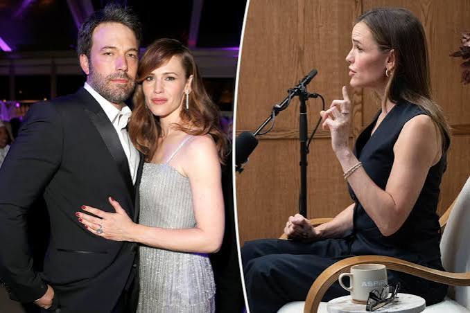 Actress Jennifer Garner posing on a red carpet alongside a flashback photo with her former husband Ben Affleck.