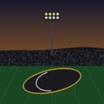 Illustration of a rugby ball on a stadium pitch under floodlights at dusk