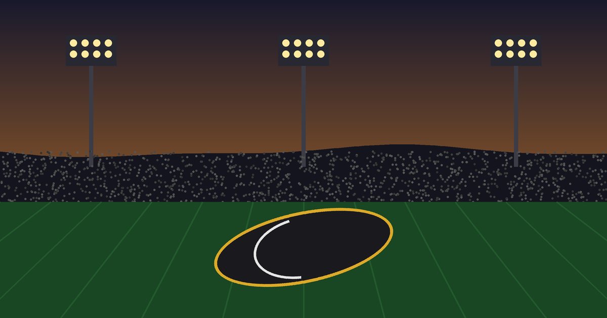 Illustration of a rugby ball on a stadium pitch under floodlights at dusk