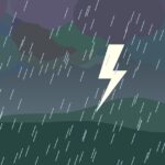 Illustration of a thunderstorm with lightning and heavy rain over Australian hills