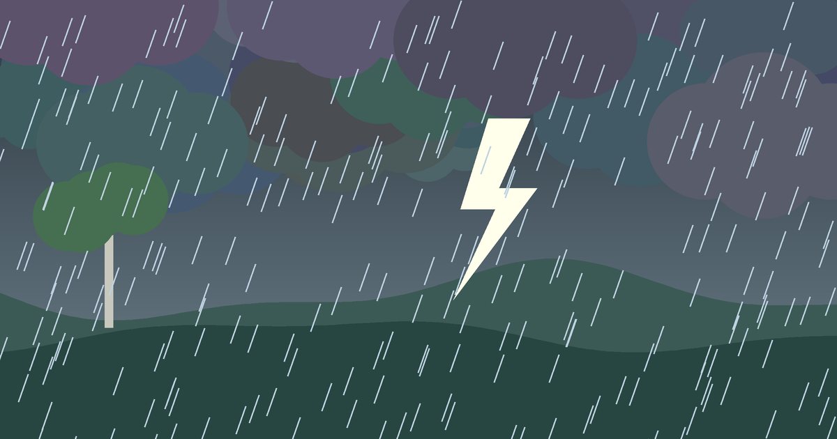 Illustration of a thunderstorm with lightning and heavy rain over Australian hills