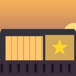 Illustration of a museum building with a gold star at sunset in Melbourne