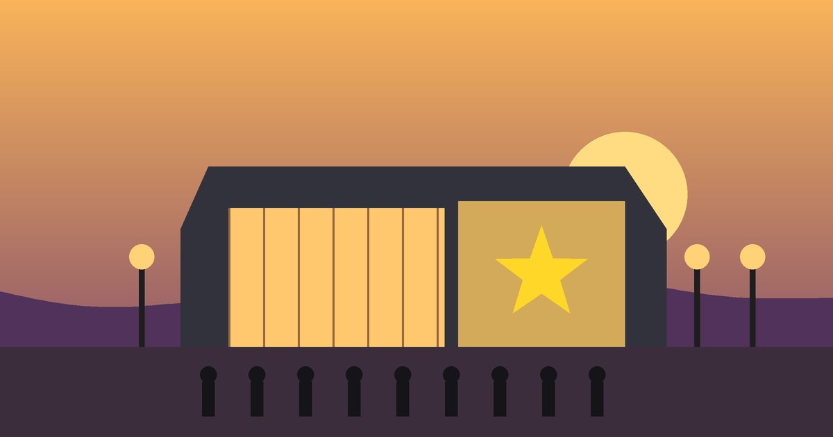 Illustration of a museum building with a gold star at sunset in Melbourne
